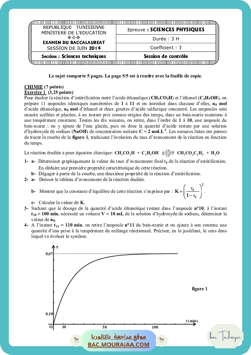 Sujet controle physique Bac 2014 – Section technique